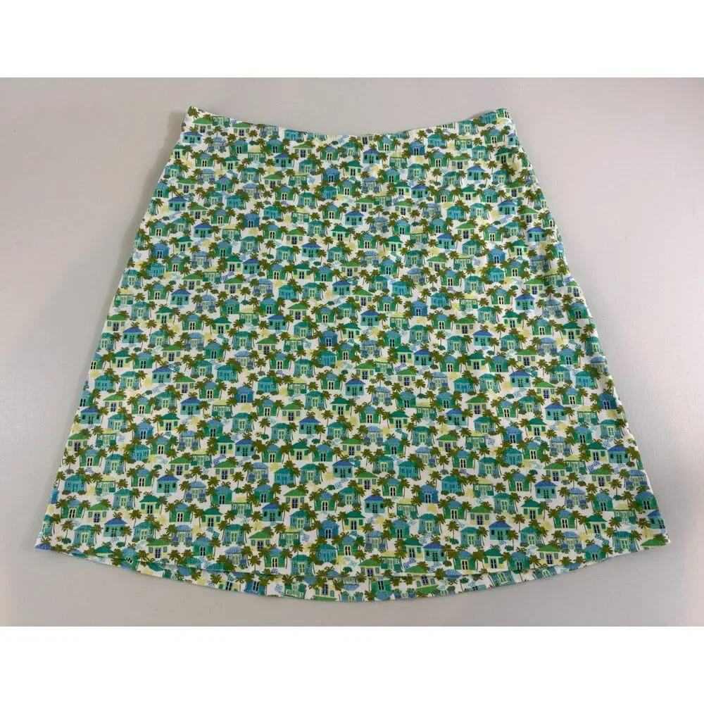 J Jill Pull On Skirt Cotton Modal Tropical Houses Palm Trees Print Women's S